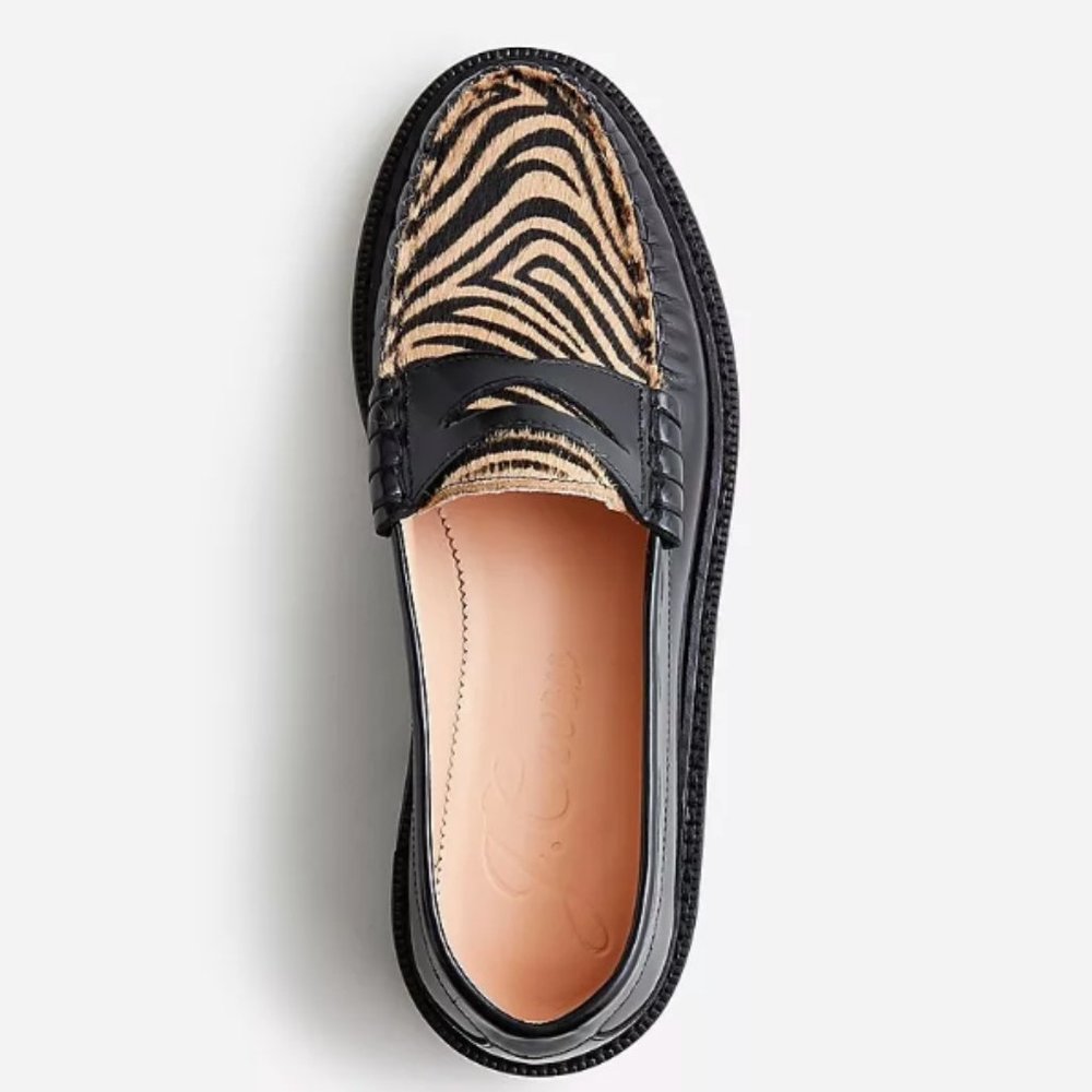 **NEW** J CREW ROWAN PENNY LOAFERS IN LEATHER AND CALF HAIR sz 7